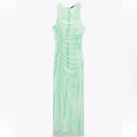 Zara Elegant Mint Green Mesh Sleeveless Dress Ruching Medium - Picture 1 of 5